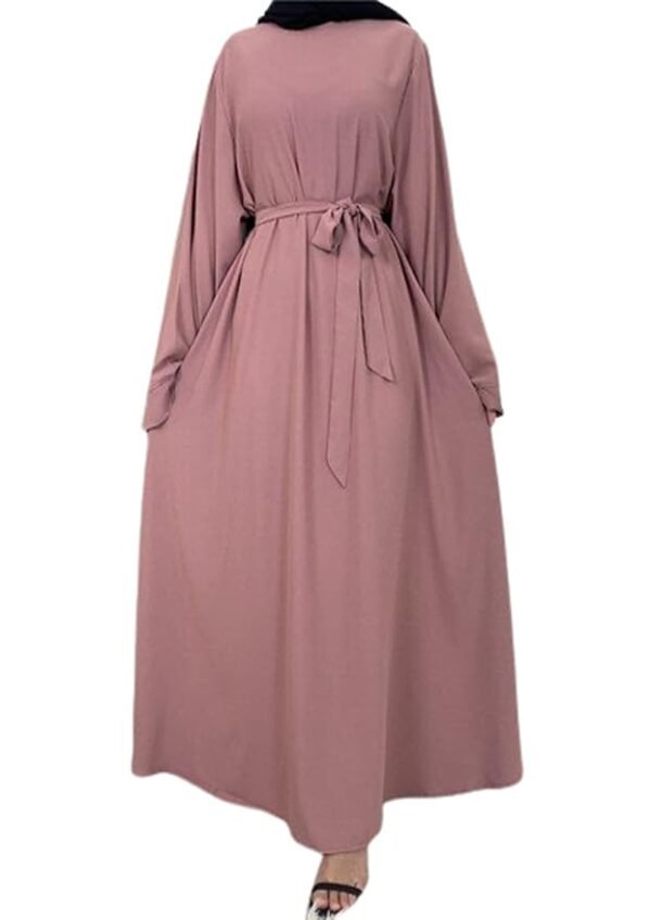 Plain Dubai Long Sleeves Muslim Women Islamic Dress Plain Umbrella Abaya With Belt Style(Pink)