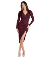 V-Neck Long Sleeve Lurex Glitter Solid Front Slit Front Ruched Seam Bodycon Above Knee Length Women Dress(Maroon)