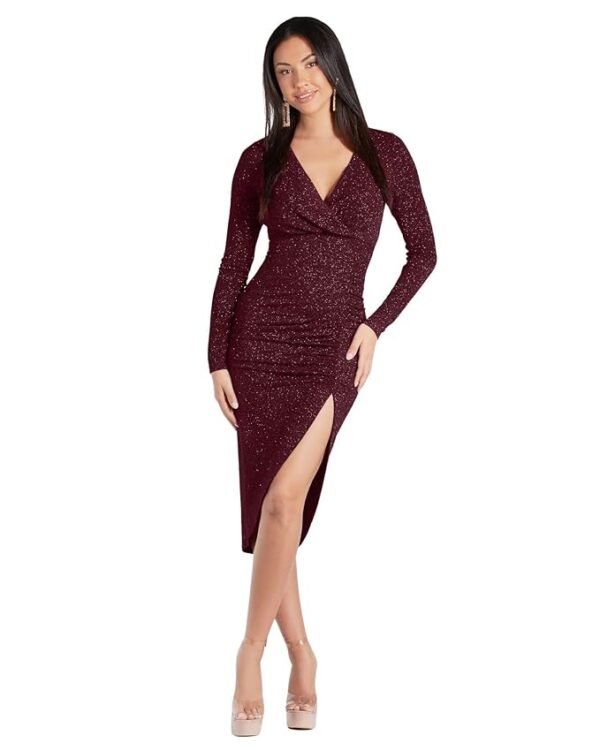 V-Neck Long Sleeve Lurex Glitter Solid Front Slit Front Ruched Seam Bodycon Above Knee Length Women Dress(Maroon)