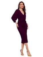 Women V Neck full Sleeve one Piece Formal Black Floral Western one Piece Knee-Length Dress(Wine )