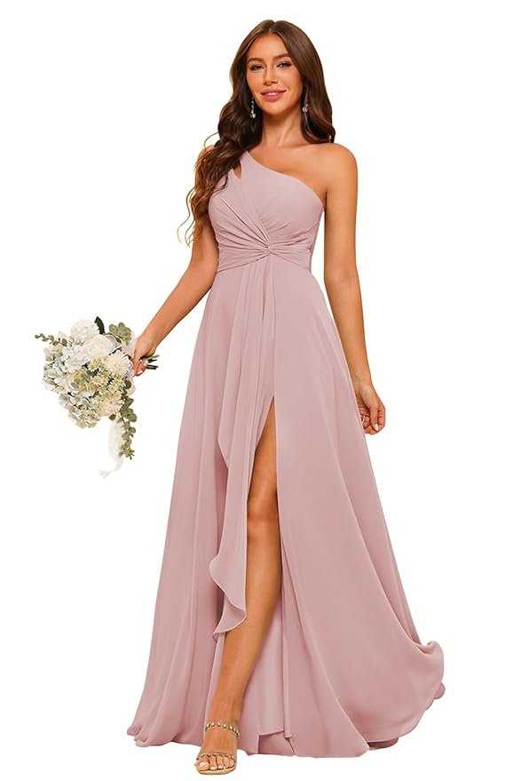 Chiffon One Shoulder Bridesmaid Dress with Pleated Bodice Long A Line Prom Dress for Women