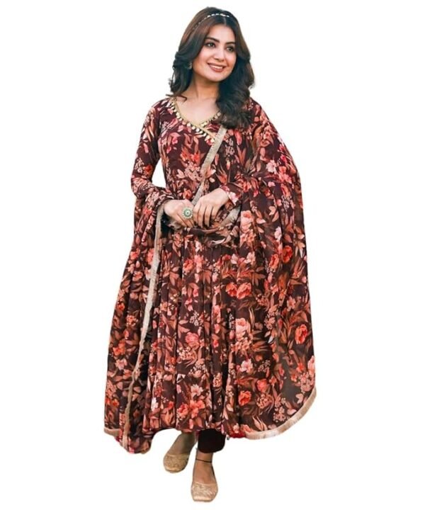 Women's Jaipuri Printed Anarkali Kurta Set with Dupatta | Cotton Blend Long Flared Ethnic Dress