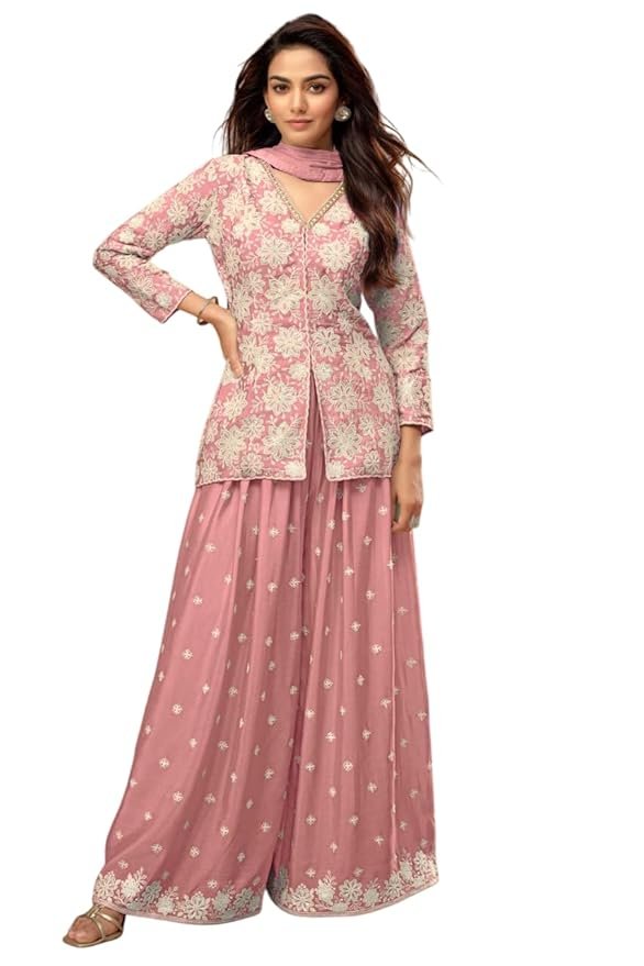 Women Pink Color Art Silk Readymade Short Top With Palazzo