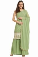 Women's Georgette Straight Kurta Sharara Set with Dupatta(Pista)