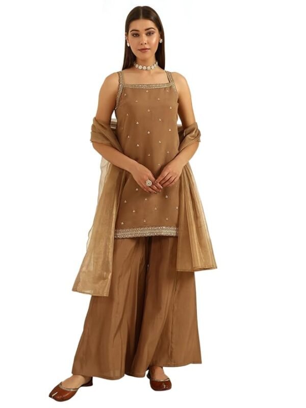 Women's Brown Viscose Chanderi Straight Kurta with Palazzo and Dupatta