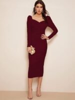 Women One Piece Puff Sleeve, Sweetheart Neck, Long Sleeve Casual Formal Cocktail Midi Black Bodycon Dress ( Maroon)