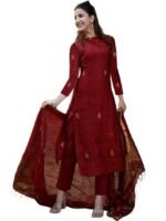 Pure Cotton Maroon Kurta Pant Set with Dupatta for Women | 3 Piece Gold Hand Block Printed Suit Set