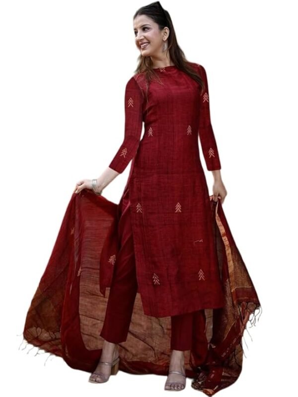 Pure Cotton Maroon Kurta Pant Set with Dupatta for Women | 3 Piece Gold Hand Block Printed Suit Set