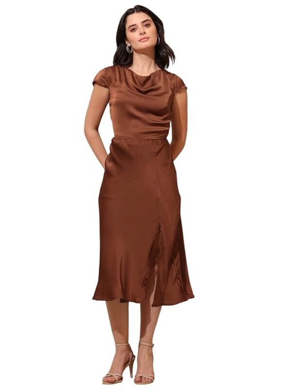 Women’s Cowl Neck Silk Blend Dress(Brown)