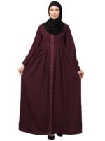 Women's Front Open Abaya Dress with Lace Work at front and on Sleeves- Fashionable Burqa (Burgundy)