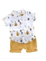 Kid Boy's Hosiery Cotton Blend Printed Cord Set with Mandarin Collar Short Sleeve Shirt and Side Pocket Elastic Waistband Closure Short Pant