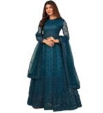 Women's Net Embroidered Semi-Stitched Gown Gown-New(Teal Blue)