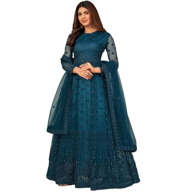 Women's Net Embroidered Semi-Stitched Gown Gown-New(Teal Blue)