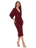 Women V Neck full Sleeve one Piece Formal Black Floral Western one Piece Knee-Length Dress(Maroon)