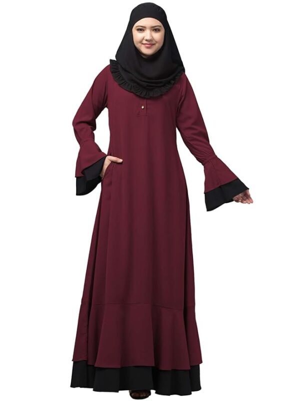 Women's Maxi Dress With Bell Sleeves and Elasticated Sleeves - Made with Nida Matte Fabric(Maroon Black)