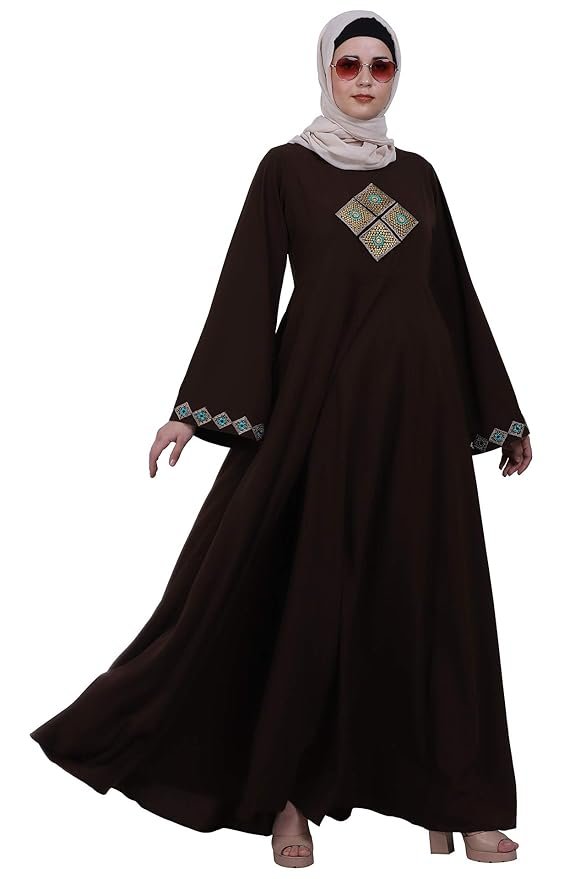 Women’s Nida Matte Umbrella Abaya Dress with Embroidery, Long Sleeves & Side Pocket(Coffee Brown)