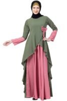 Polka Dotted Asymmetrical Long Maxi Abaya Dress for Women Made in Nida & Crepe Fabric with Long Sleeves(Jade Green & Pink)