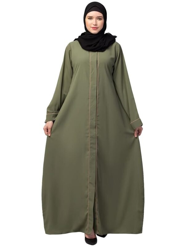 Front Open Abaya with Piping Work Made in Nida Matte fabric with Side Pockets - Front open Burqa for Ladies & Girls(Green)
