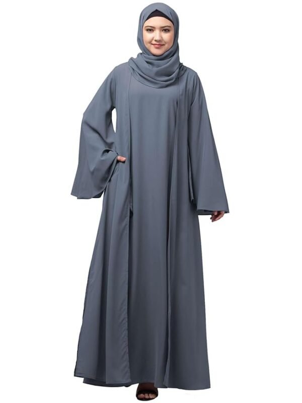 Dual Layer Abaya Dress Of Inner Abaya And Detachable Shrug With Uniquely Designed Cuff(Grey)