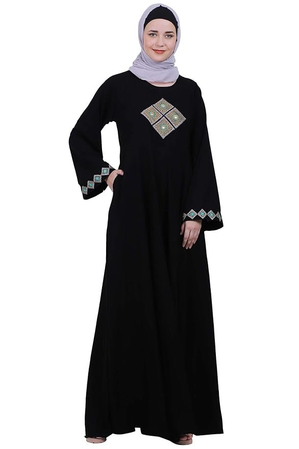 Women’s Nida Matte Umbrella Abaya Dress with Embroidery, Long Sleeves & Side Pocket(Black)