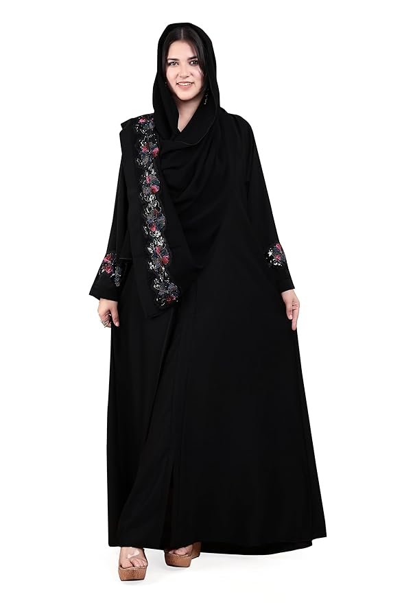 V Neck Multi Color Flower And Handwork Design With Plazo Sleeves Made Up Of Imported Nida Fabric Full Length Designer Abaya
