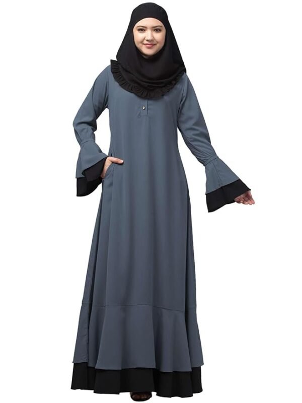 Women's Maxi Dress With Bell Sleeves and Elasticated Sleeves - Made with Nida Matte Fabric(Grey Black)