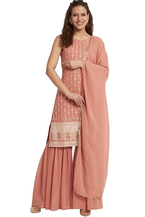 Women's Georgette Straight Kurta Sharara Set with Dupatta(Peach)