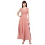 Flare Solid Pleated Neck Dress(Peach)