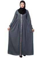 Women's Front Open Abaya Dress with Lace Work at front and on Sleeves- Fashionable Burqa (Grey)