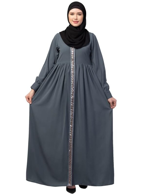 Women's Front Open Abaya Dress with Lace Work at front and on Sleeves- Fashionable Burqa (Grey)