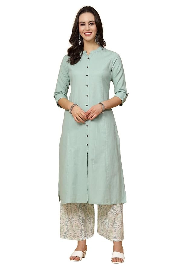 Women's Cotton Solid Readymade Salwar Suit Set(Mint Green)