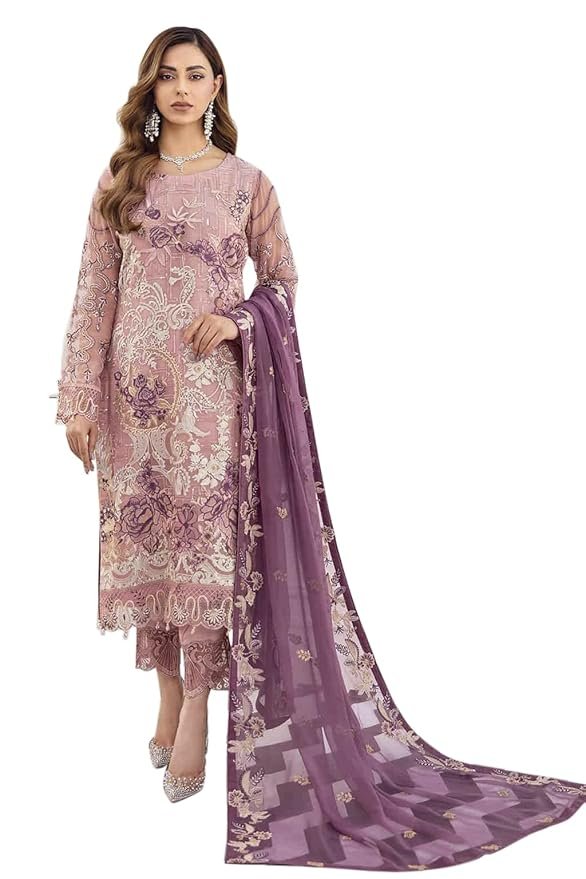 Women's Purple Faux Georgette Regular Fit Semi Stitched Top With Unstitched Bottom and  Dupatta Embroidered Straight Top Dress Material