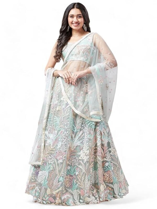 Women's Sequins Embroidered Soft Net Semi Stitched Lehenga Choli With Dupatta