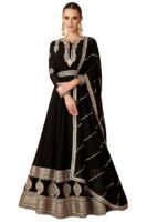 Women's Black Faux Georgette Stitched Top with Dupatta Full Sleeve Embroidered Anarkali Gown