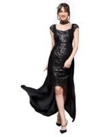 Women's Square Neck Short Sleeve Embellished Layered Maxi Dress(Black)