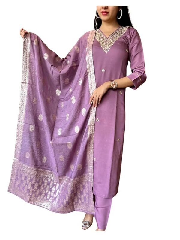 Women's Viscose  Silk Embroidery Kurta Bottom Set, and Dupatta Set Traditional Kurta Set for Women(Rose Pink)