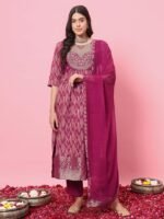 Women's Cotton Silk Kurta Pant Set with Nazmin Jacquard Lace Dupatta(Purple)