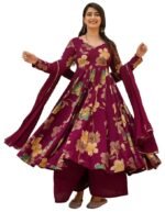 Women's Anarkali Palazzo Dupatta Set | Wine Color Ethnic Dress for Women | Cotton Blend Floral Print Suit Set