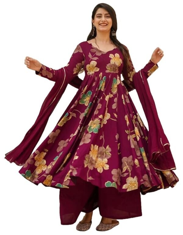 Women's Anarkali Palazzo Dupatta Set | Wine Color Ethnic Dress for Women | Cotton Blend Floral Print Suit Set