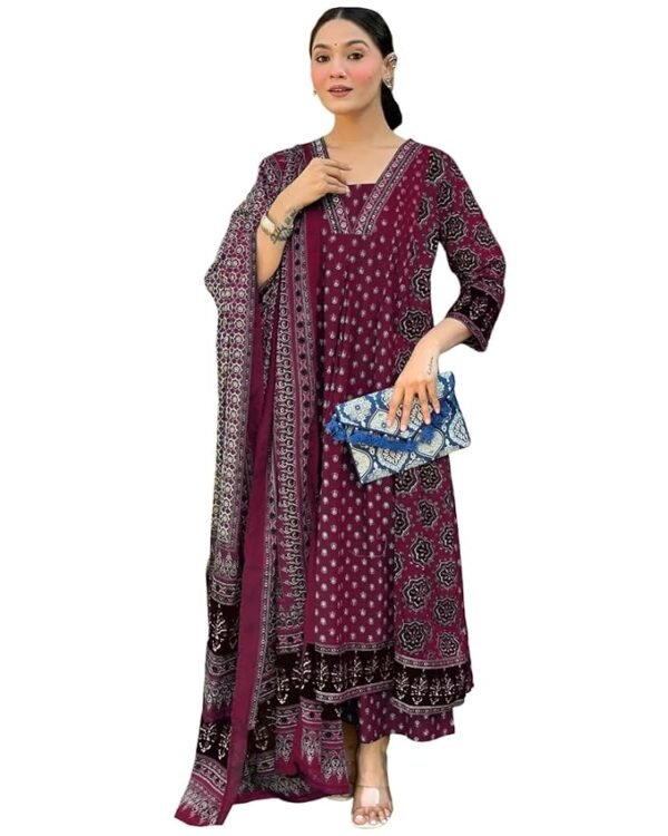 Women's Anarkali Kurta Set with Dupatta Pure Cotton Suits for Women with Dupatta (Wine)