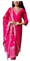 Women's Viscose Silk Embroidery Kurta Bottom Set, and Dupatta Set Traditional Kurta Set for Women(Pink)
