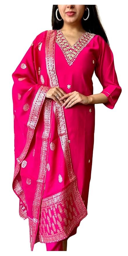 Women's Viscose Silk Embroidery Kurta Bottom Set, and Dupatta Set Traditional Kurta Set for Women(Pink)