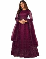 Women's Net Embroidered Semi-Stitched Gown  Gown-New(Wine)