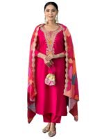 Women's Red Viscose Silk Embroidered Straight Kurta with Pant and Dupatta Sets
