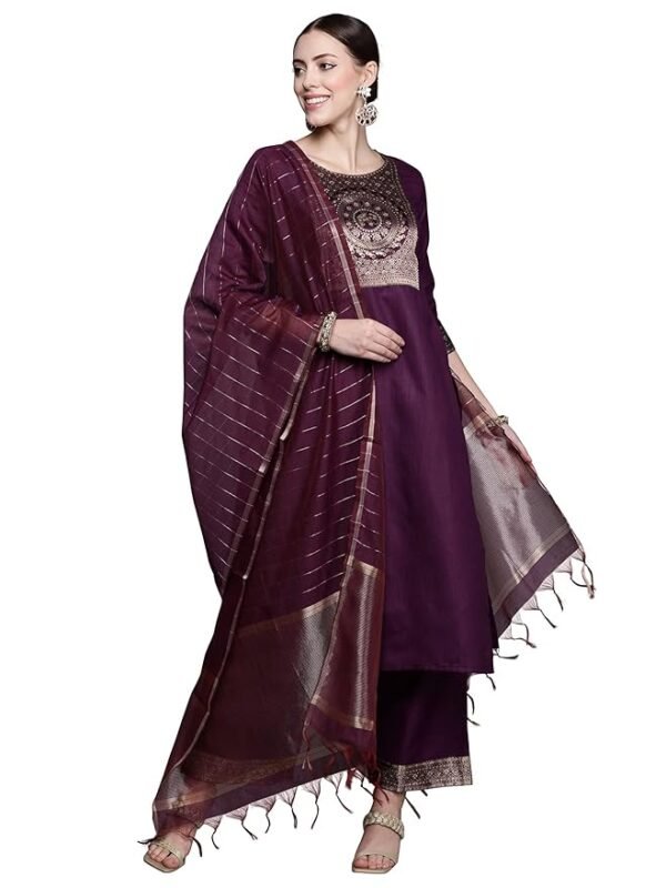 Women's Cotton Yoke Design Straight Kurta Pant with Dupatta Set(Magenta)