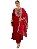 Women Velvet Embroidered Straight Kurta Pant Dupatta Set(Red)
