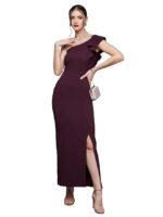 Women's Solid One Shoulder Sleeveless Ruffled Maxi Dress(Dark Purple)