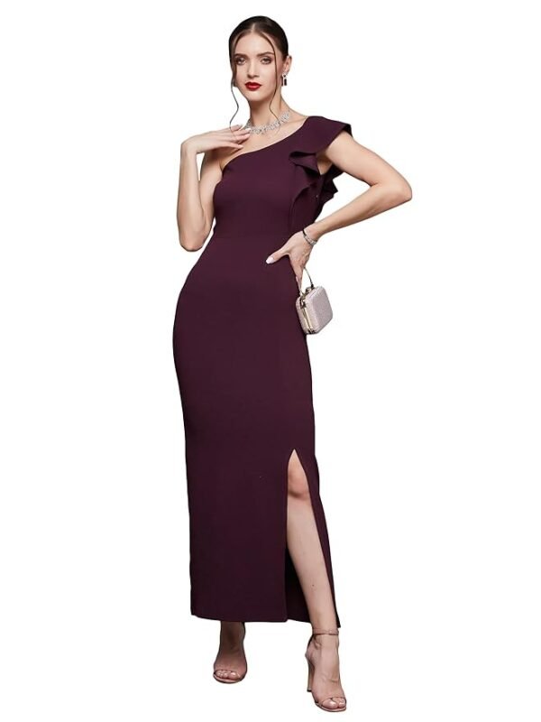Women's Solid One Shoulder Sleeveless Ruffled Maxi Dress(Dark Purple)