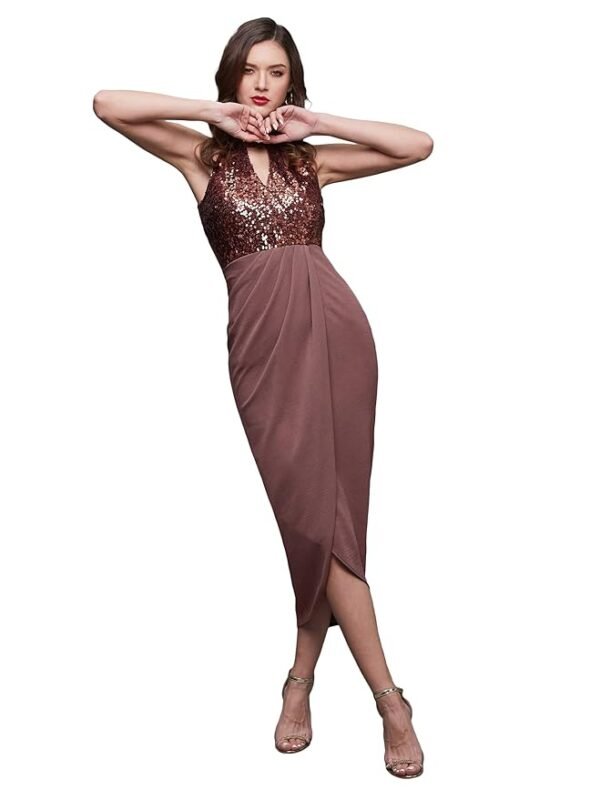 Women's Wine Halter Neck Sleeveless Solid Embellished Midi Dress(Mauve)