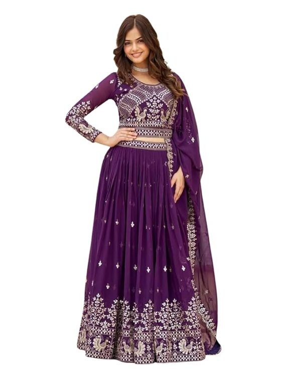 Women's Embroidered Free Size Traditional Georgette Lehenga Choli With Dupatta(Purple)